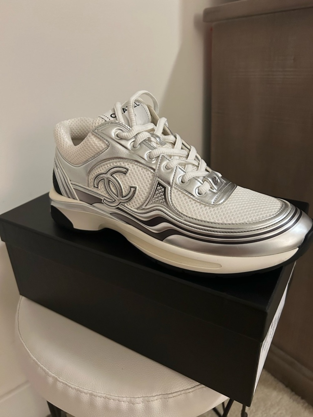 CHANEL White and Black Logo Insole Sneaker